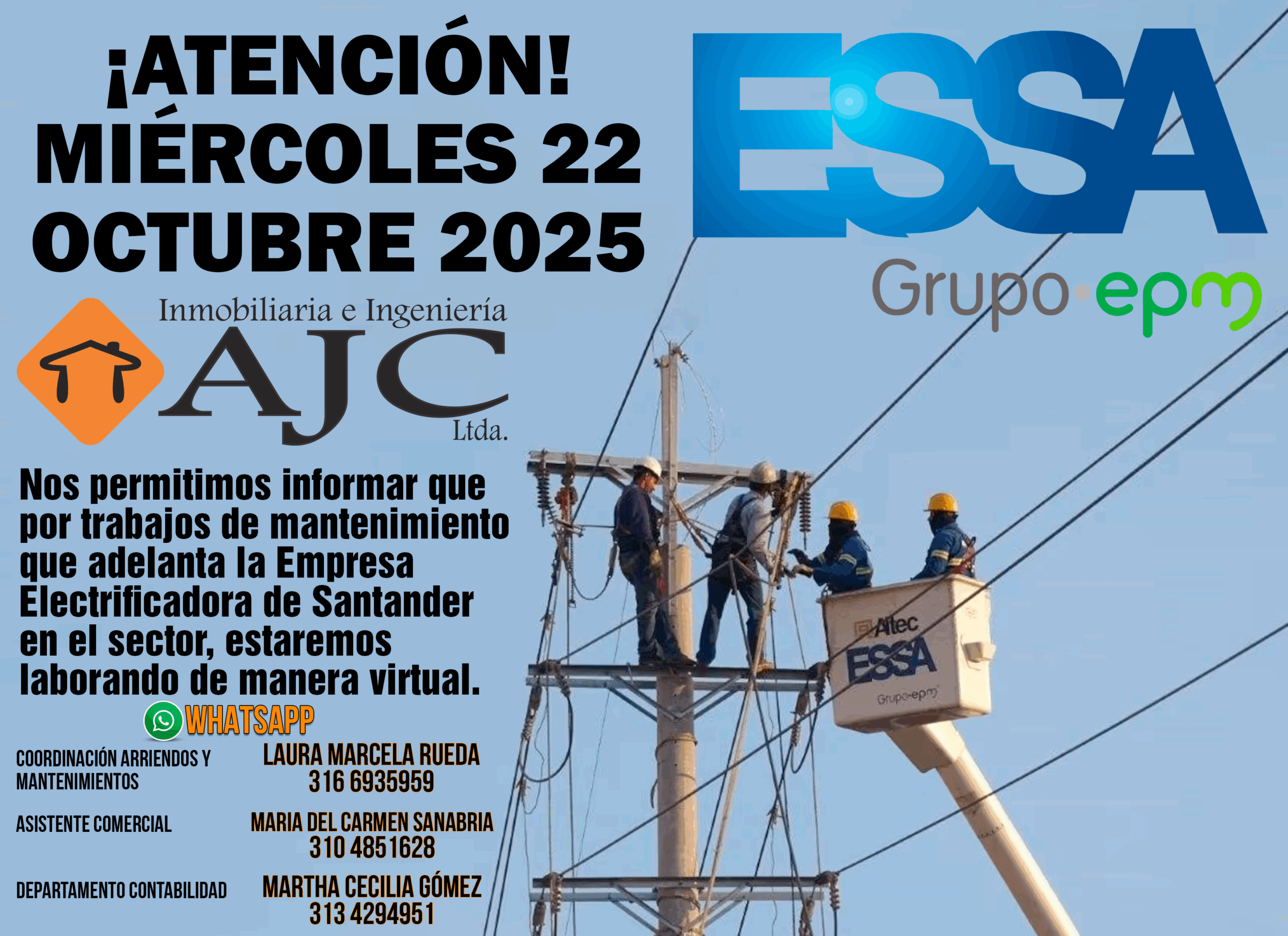 Anunciamos a nuestros clientes y proveedores que el miércoles 22 de octubre de 2025 estaremos laborando de manera virtual debido a trabajos de mantenimiento y reparación del transformador que alimenta de energía eléctrica al sector donde se encuentra ubicada nuestra oficina.